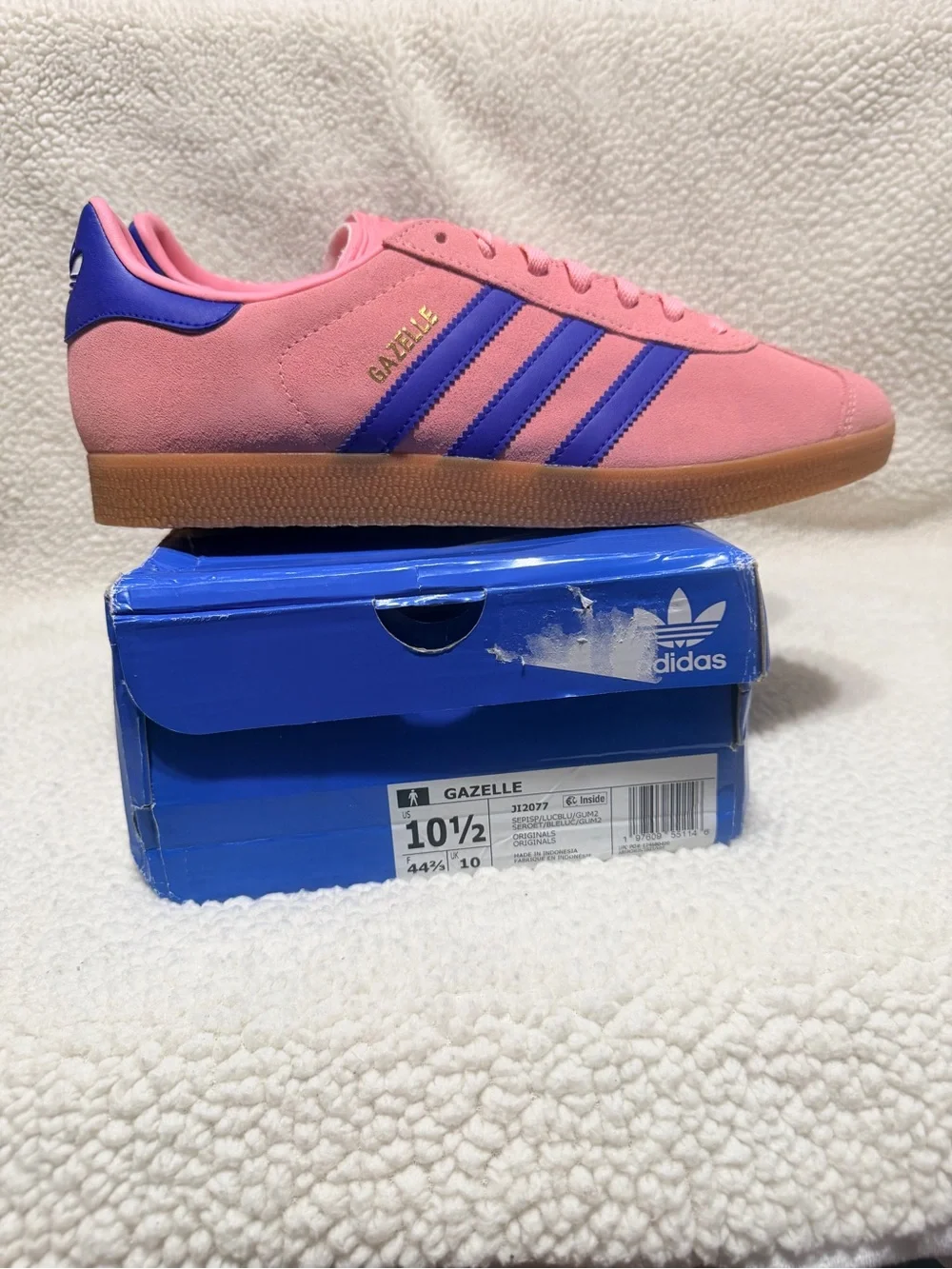 Adidas Gazelle Pink with Blue Stripes and Gum Sole